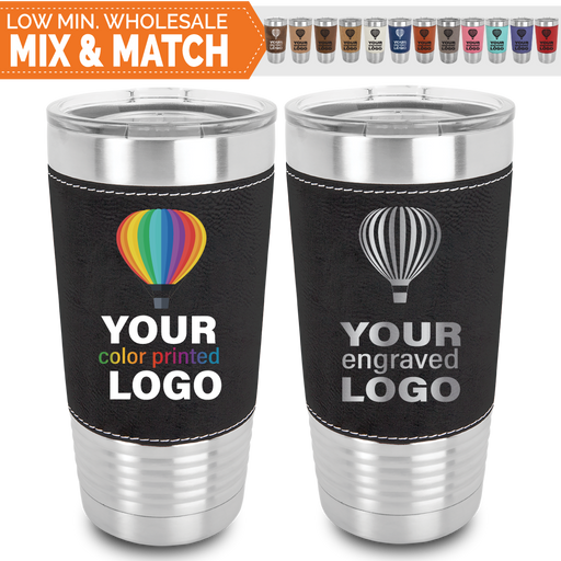 Bulk, wholesale, print on demand, low minimum laser engraved and uv color printed 20 oz leatherette insulated promo stainless steel drinkware with lid - available in faux leather colors black brown rustic tan bamboo white blue rawhide gray pink seafoam teal purple red