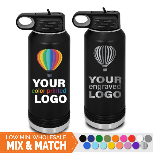 Bulk, wholesale, print on demand, low minimum laser engraved and uv color printed logo promotional 32 oz insulated water bottles - available in powder coated colors red blue pink seafoam teal light blue lavender purple gray navy orange maroon white green black yellow coral olive green silver
