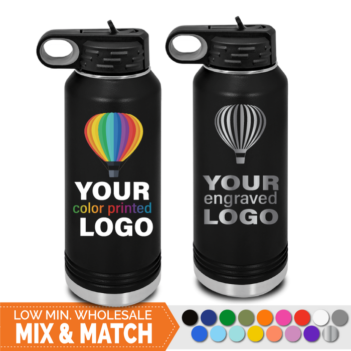 Bulk, wholesale, print on demand, low minimum laser engraved and uv color printed logo promotional 32 oz insulated water bottles - available in powder coated colors red blue pink seafoam teal light blue lavender purple gray navy orange maroon white green black yellow coral olive green silver