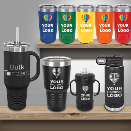 Mix and match tumblers, bottles, and can coozies. Dozens of colors,  sizes and styles. Wholesale bulk laser engraving, discounted UV color printing in bulk.