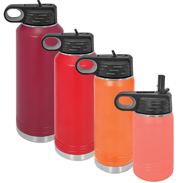 water bottle collection featuring polar camel flip top sport bottle lids with straws. laser engraving blank bulk tumblers