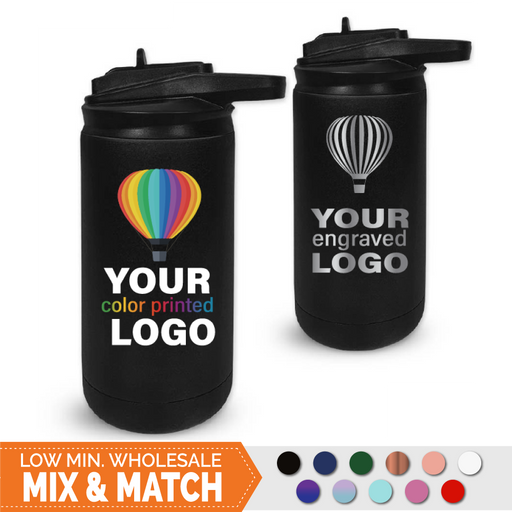 Bulk, wholesale, print on demand, low minimum laser engraved and uv color printed 12 oz bottle with matching straw flip lid for kids promo stainless steel drinkware - available in powder coated colors seaglass, pink, black, midnight navy, glitter ombre mist, purple, red, green, white, blush pink, and bright holographic glitter pink
