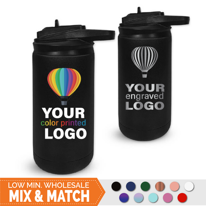 Bulk, wholesale, print on demand, low minimum laser engraved and uv color printed 12 oz bottle with matching straw flip lid for kids promo stainless steel drinkware - available in powder coated colors seaglass, pink, black, midnight navy, glitter ombre mist, purple, red, green, white, blush pink, and bright holographic glitter pink