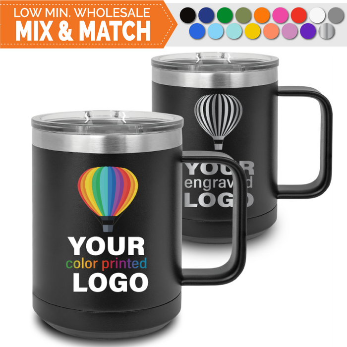 Bulk, wholesale, print on demand, low minimum laser engraved and uv color printed promo 15 oz insulated steel coffee mug with handle tumblers - available in powder coated colors red gray navy white  black olive green blue