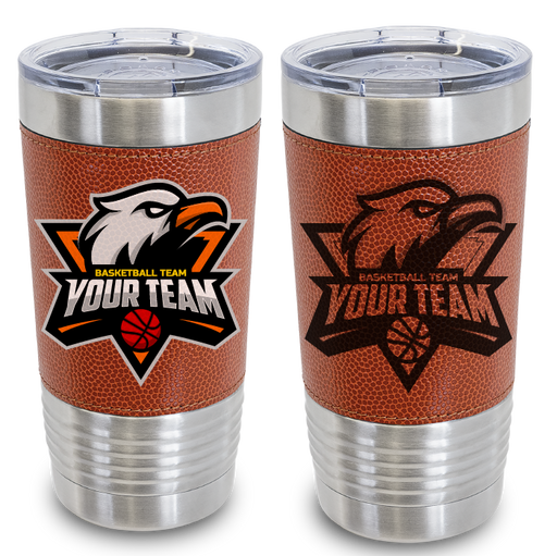 Basketball texture leather tumbler - 20oz bulk, wholesale, print on demand, low minimum laser engraved and uv color printed leatherette insulated promo stainless steel travel mug for fundraising, end of season basket ball team gift, basketball coach gifts