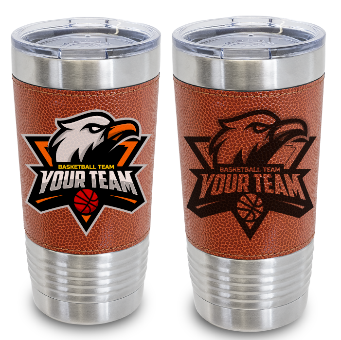 Basketball texture leather tumbler - 20oz bulk, wholesale, print on demand, low minimum laser engraved and uv color printed leatherette insulated promo stainless steel travel mug for fundraising, end of season basket ball team gift, basketball coach gifts