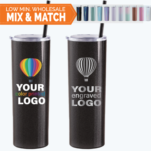 Bulk, wholesale, print on demand, low minimum laser engraved and uv color printed 20oz skinny tumbler with straw insulated promo stainless steel drinkware - available in powder coated colors  navy, black, teal, seafoam, sage, glitter, ombre, pink, purple, eggshell, rose, seaglass, white, slate glue, holographic glitter, pink, mint, volcano gray, mauve
