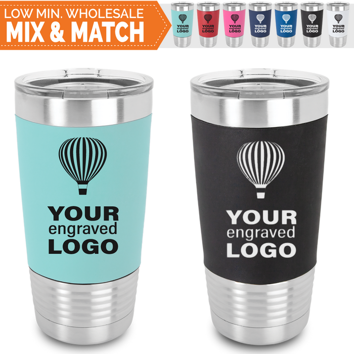 Bulk, wholesale, print on demand, low minimum laser engraved and 20 oz silicone insulated promo stainless steel drinkware with lid - available in colors seafoam teal red pink navy blue black white