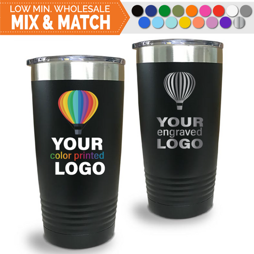 Bulk, wholesale, print on demand, low minimum laser engraved and uv color printed 20 oz tumblers - available in powder coated colors red blue pink seafoam teal light blue lavender purple gray navy orange maroon white green black yellow coral olive green silver
