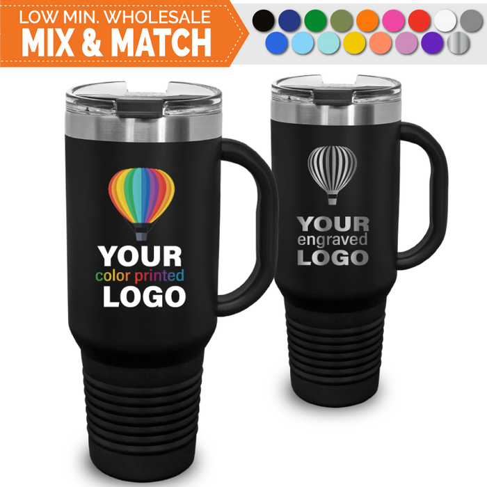 40 oz Handled Snap Lid Tumblers -Mix & Match- Bulk Wholesale Personalized  Engraved or Full Color Print Logo