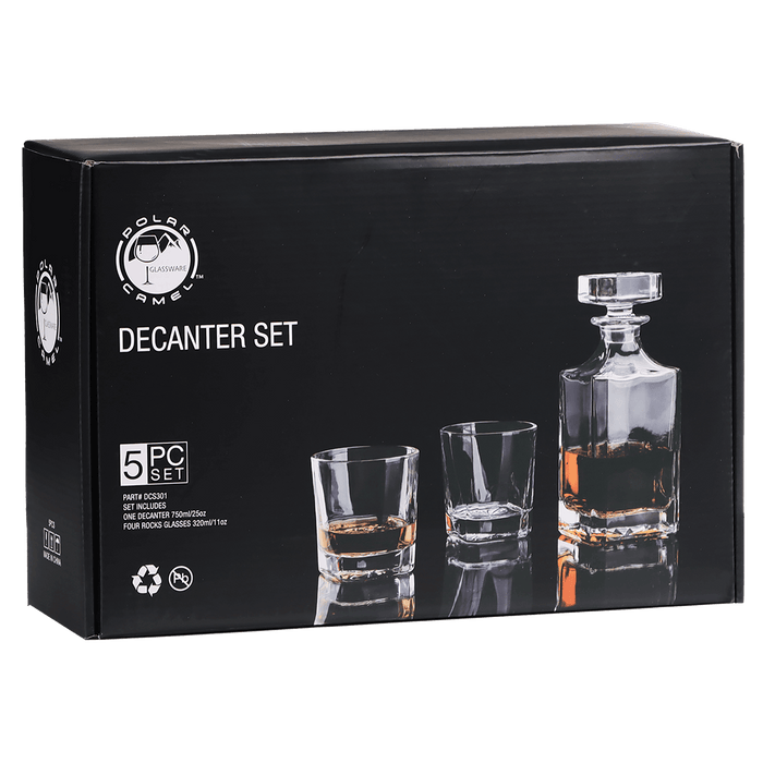 Square Glass Whiskey Decanter Set with Four 11 oz Rocks Glasses in Gift Box