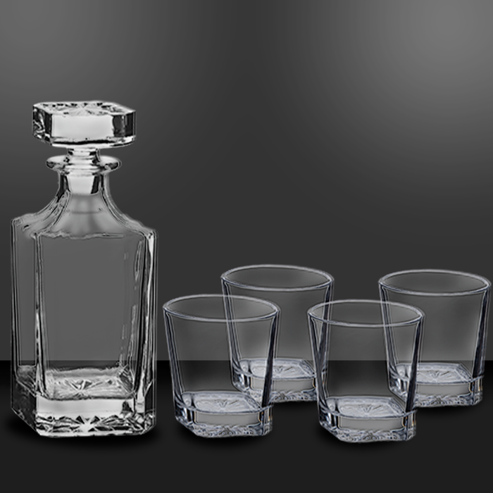 Square Glass Whiskey Decanter Set with Four 11 oz Rocks Glasses in Gift Box