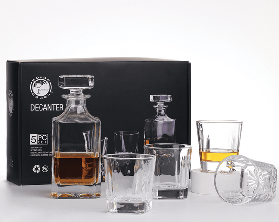 Square Glass Whiskey Decanter Set with Four 11 oz Rocks Glasses in Gift Box