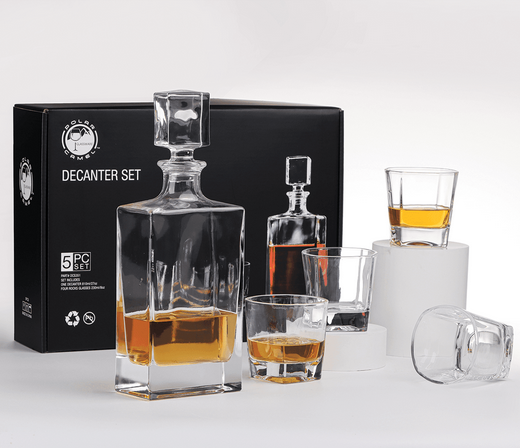 Rectangle Glass Whiskey Decanter Set with Four 8 oz Glasses in Gift Box