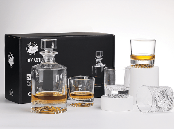 Round Glass Whiskey Decanter Set with Four 9 oz Rocks Glasses in Gift Box