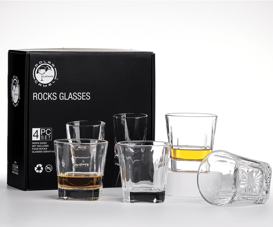 Square Glass Whiskey Decanter Set with Four 11 oz Rocks Glasses in Gift Box