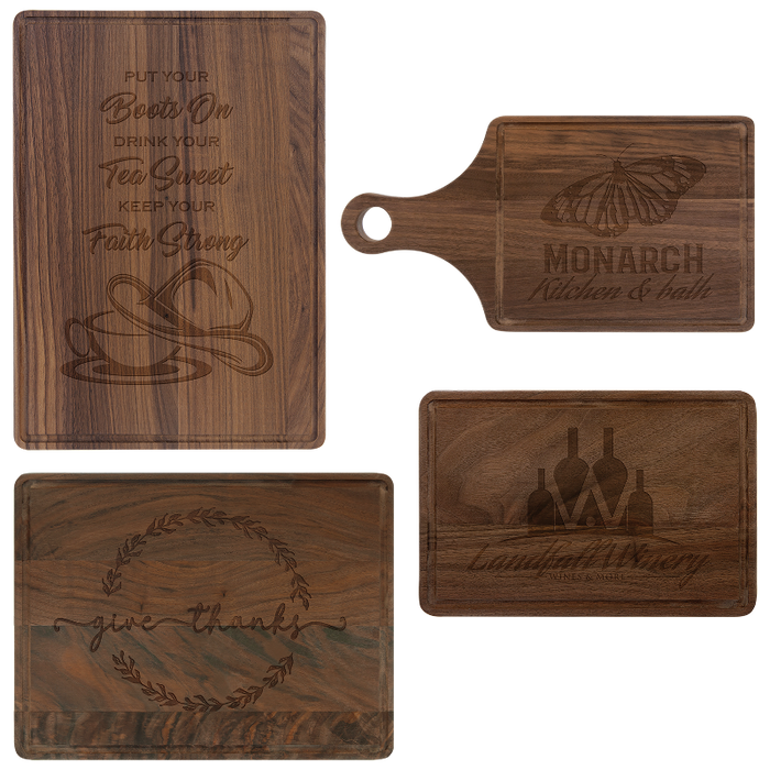 GFT491SET-wholesale walnut cutting boards with drip rings - bulk engraved client gift ideas
