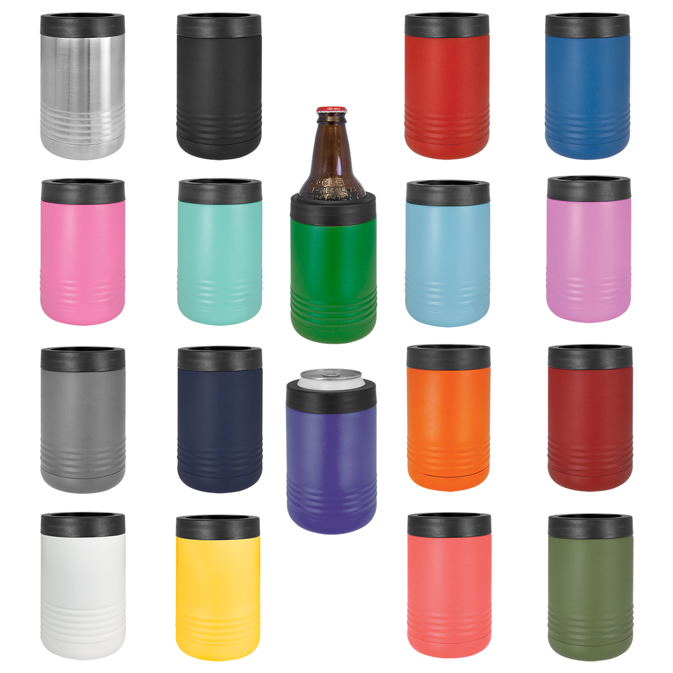 Stainless Steel Polar Camel Beverage Holderss feature double-wall, vacuum insulation. They are heat and cold resistant and hold cans and bottles. Simply screw off the rubber top and place the beverage inside.                 Holds a 12 or 16 oz. can or a 12 oz. bottle. Colors available: Black, Red, Blue, Pink, Mint/Seafoam, Light Blue, Lavender/Light Purple, Purple, Gray, Navy, Orange, Maroon, White, Green, Yellow, Coral, Olive Green