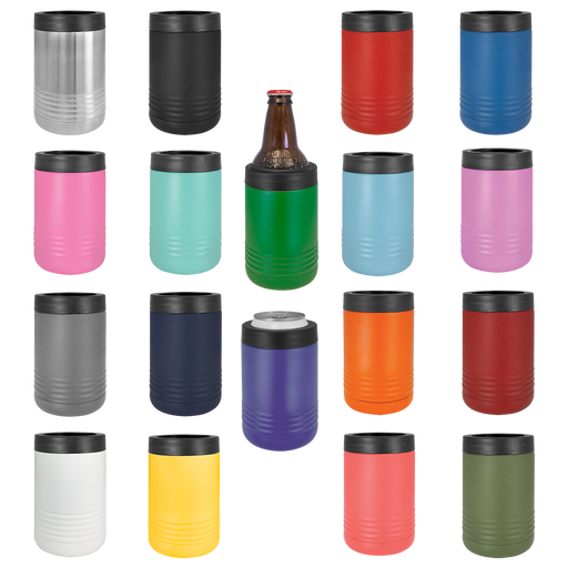 Stainless Steel Polar Camel Beverage Holderss feature double-wall, vacuum insulation. They are heat and cold resistant and hold cans and bottles. Simply screw off the rubber top and place the beverage inside.                 Holds a 12 or 16 oz. can or a 12 oz. bottle. Colors available: Black, Red, Blue, Pink, Mint/Seafoam, Light Blue, Lavender/Light Purple, Purple, Gray, Navy, Orange, Maroon, White, Green, Yellow, Coral, Olive Green
