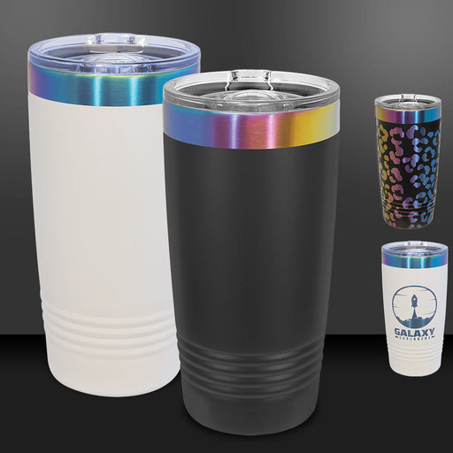 Rainbow Prism Ion Plated 20oz Tumblers come in black or white and engrave to reveal a rainbow. Polar Camel bulk discount tumblers.