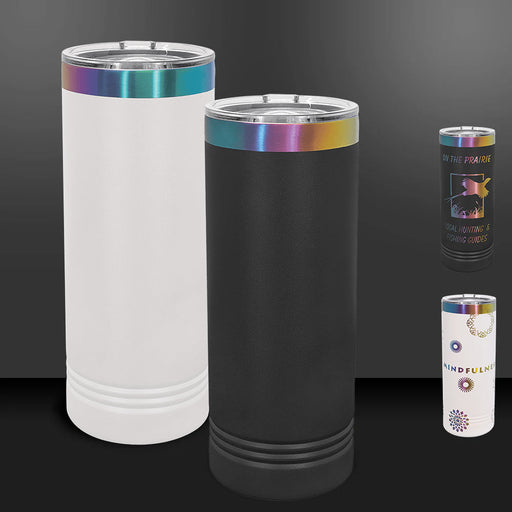 Black to rainbow and white prism skinny tumblers - blanks for laser engraving or decorated logo promo drinkware