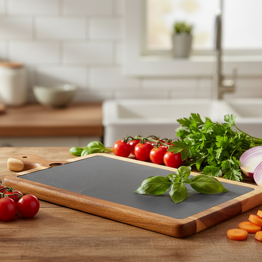 Wooden cutting board with a slate surface on a white background SLT076_BLANK