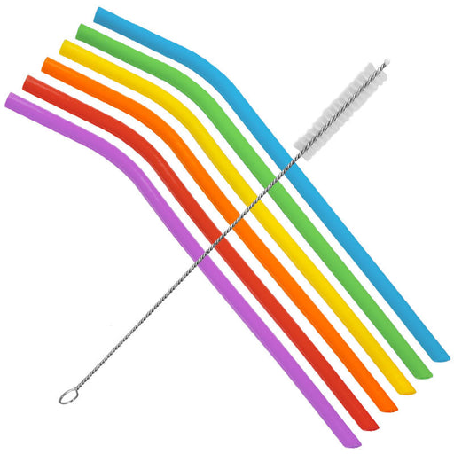 Set of 6 10" bent reusable silicone environmentally-friendly drinking straws and a cleaning brush. Set includes brignt rainbow colors purple red orange yellow green blue