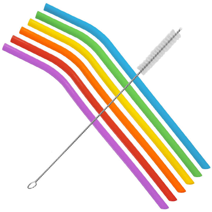 Set of 6 10" bent reusable silicone environmentally-friendly drinking straws and a cleaning brush. Set includes brignt rainbow colors purple red orange yellow green blue