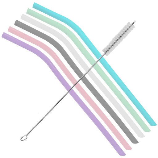 Set of 6 10 inch bent reusable silicone environmentally-friendly drinking straws and a cleaning brush. Set includes soft pastel rainbow colors blue mint white gray soft pink lilac purple