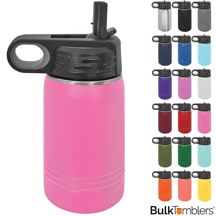 12 oz polar camel sport water bottle flip spout with straw - Insulated stainless steel bottle for kids comes in an assortment of colors including stainless silver, black, gray, navy, blue, light blue, purple, lavender, white, maroon, red, pink, olive, green, seafoam, orange, coral and yellow