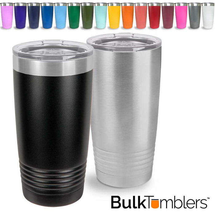 20 oz. Stainless Steel Polar Camel Tumblers features double-wall vacuum insulation with a clear lid. The mug has a narrower bottom to fit most standard cup holders. Polar Camels are made from 18/8 gauge stainless steel (18% chromium/8% nickel) - also known as Type 304 Food Grade.Colors available: Stainless Steel, Black, Red, Blue, Pink, Mint/Seafoam, Light Blue, Lavender/Light Purple, Purple, Gray, Navy, Orange, Maroon, White, Green, Yellow, Coral, Olive Green
