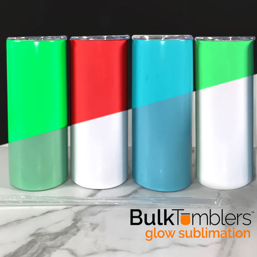 20 oz glow in the dark sublimation skinny tumbler, straight sides, bulk discount case pricing