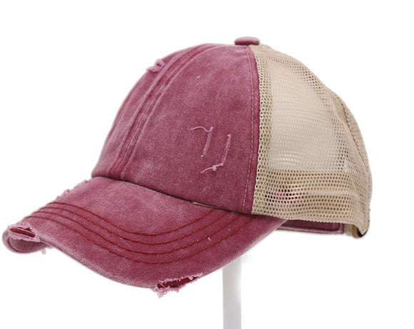 Authentic Berry CC Beanie CrissCross High Ponytail Trucker Hat Distressed Wash Denim