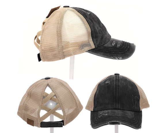 Authentic Black/Beige CC Beanie CrissCross High Ponytail Trucker Hat Distressed Wash Denim