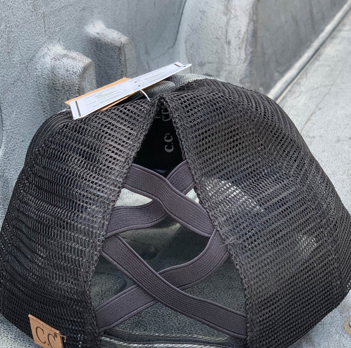 Authentic Black/Black CC Beanie CrissCross High Ponytail Trucker Hat Distressed Wash Denim