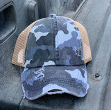 Auténtico camuflaje azul CC Beanie CrissCross High Ponytail Trucker Hat Camo Distressed Wash Denim