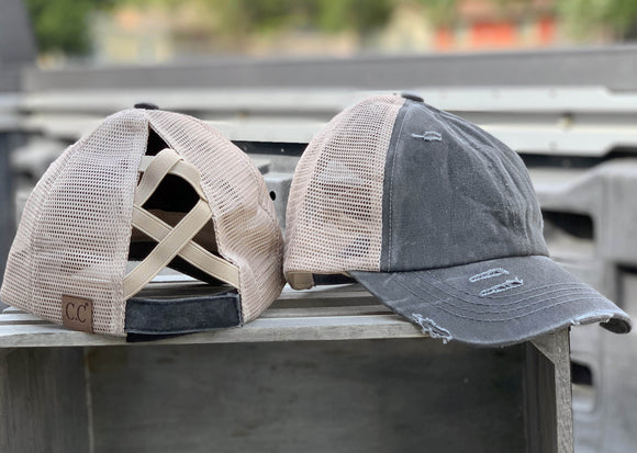 Authentic Charcoal Gray CC Beanie CrissCross High Ponytail Trucker Hat Distressed Wash Denim