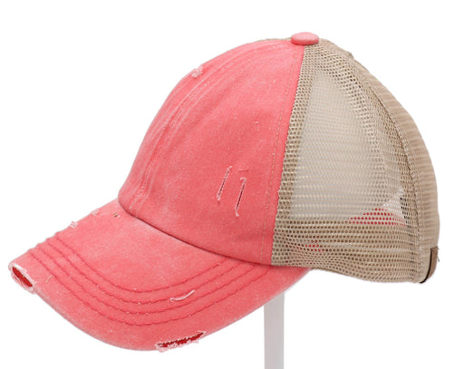 Authentic Coral CC Beanie CrissCross High Ponytail Trucker Hat Distressed Wash Denim Baseball Cap