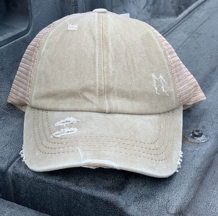 Authentic Khaki CC Beanie CrissCross High Ponytail Trucker Hat Distressed Wash Denim