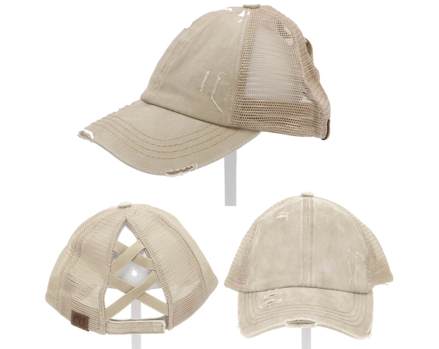 Monogram Patch Authentic CC Beanie CrissCross High Ponytail Trucker Hat Distressed Wash Denim-Engraved Faux Leather