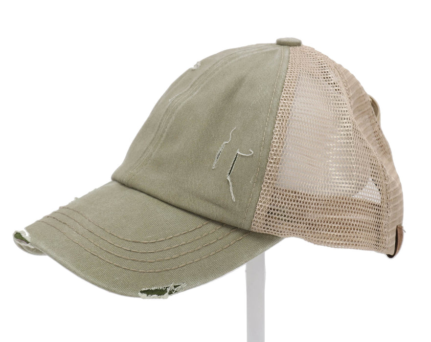 Authentic Olive Green CC Beanie CrissCross High Ponytail Trucker Hat Distressed Wash Denim