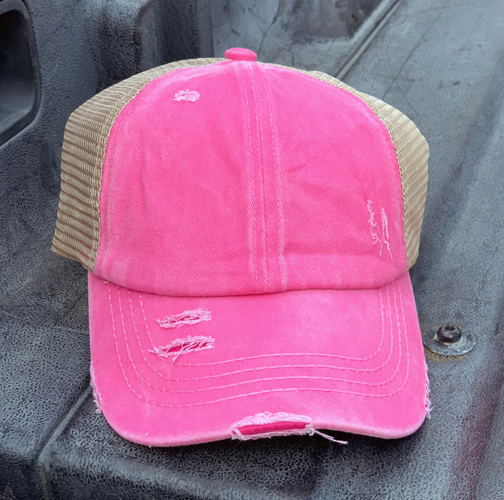 Authentic Pink CC Beanie CrissCross High Ponytail Trucker Hat Lavado desgastado Denim