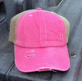 Authentic Pink CC Beanie CrissCross High Ponytail Trucker Hat Distressed Wash Denim