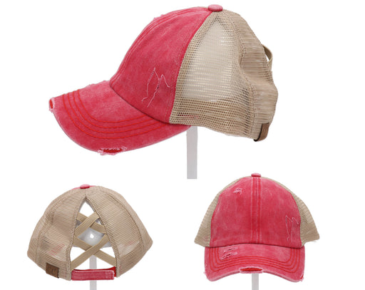 Authentic Red CC Beanie CrissCross High Ponytail Trucker Hat Distressed Wash Denim Baseball Cap