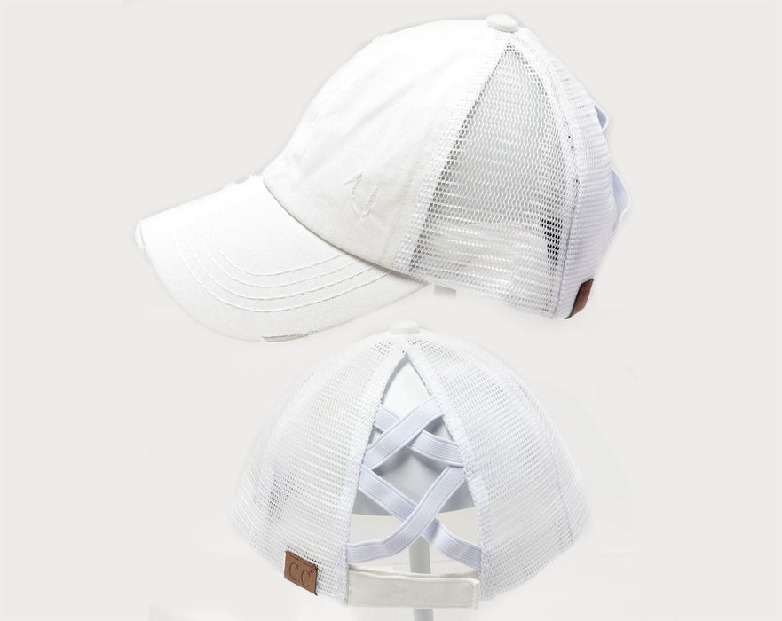 Authentic White CC Beanie CrissCross High Ponytail Trucker Hat Distressed Wash Denim