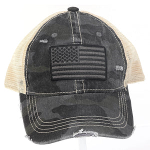 CC Beanie High Ponytail American Flag Camouflage Distressed Trucker Hat - Camo Baseball Hat Olive Black Gray