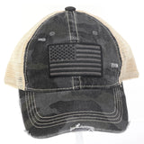 CC Beanie High Ponytail American Flag Camouflage Distressed Trucker Hat - Black Camo Baseball Hat