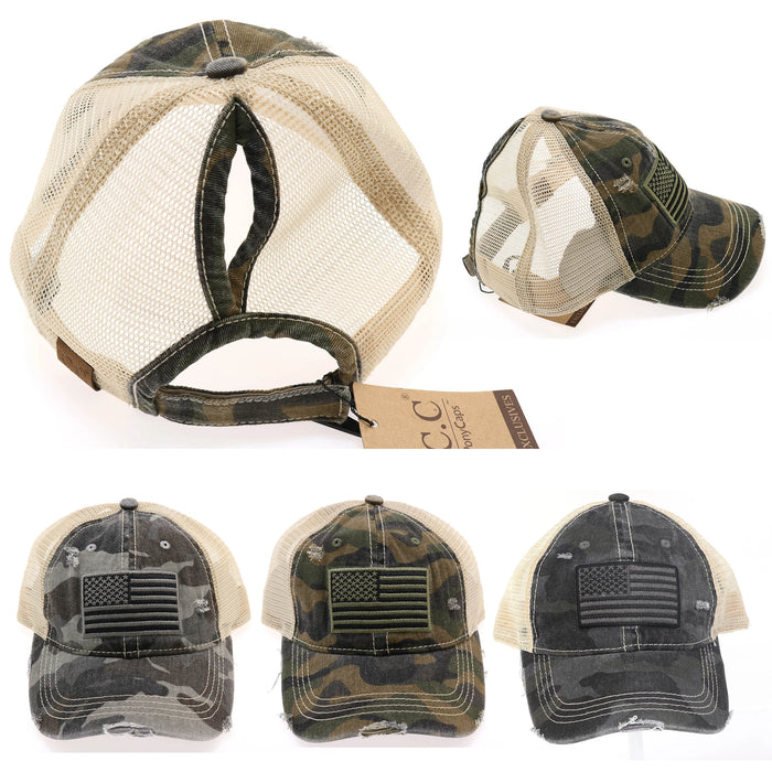 CC Beanie High Ponytail American Flag Camouflage Distressed Trucker Hat - Camo Baseball Hat Olive Black Gray