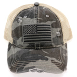 CC Beanie High Ponytail American Flag Camouflage Distressed Trucker Hat - Gray Camo Baseball Hat