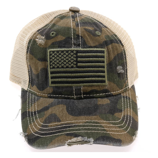 CC Beanie High Ponytail American Flag Camouflage Distressed Trucker Hat - Drab Olive Green Camo Baseball Hat